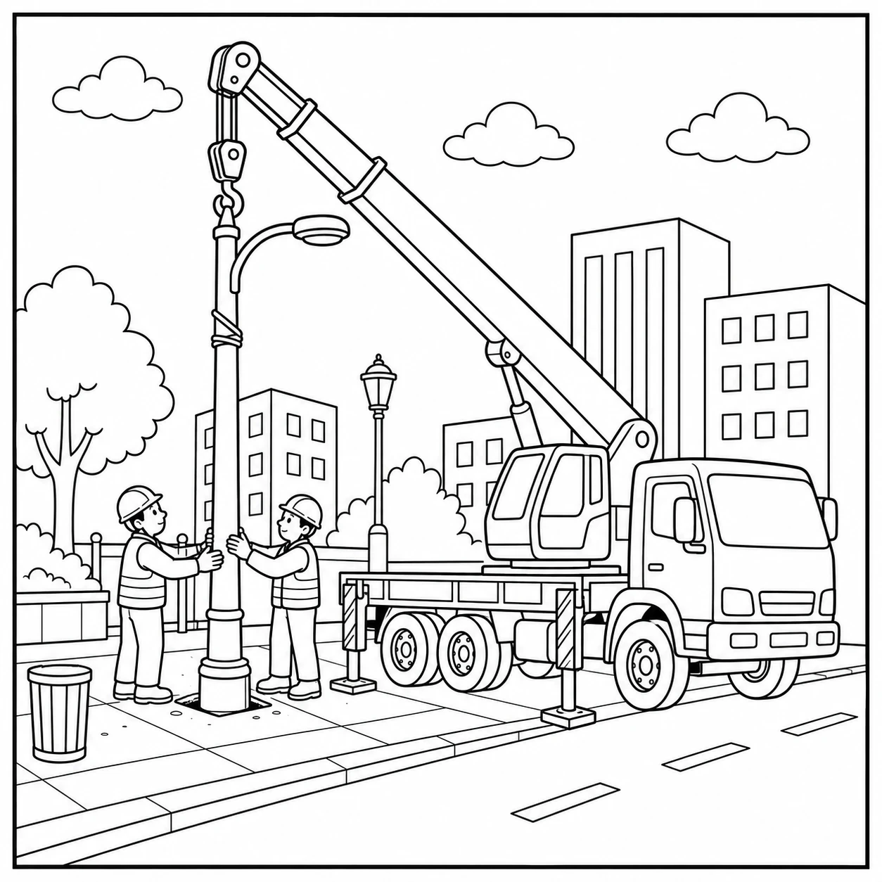 Kleurplaat vrachtwagen met kraan werkt op straat met mensen en een bouwkraan.