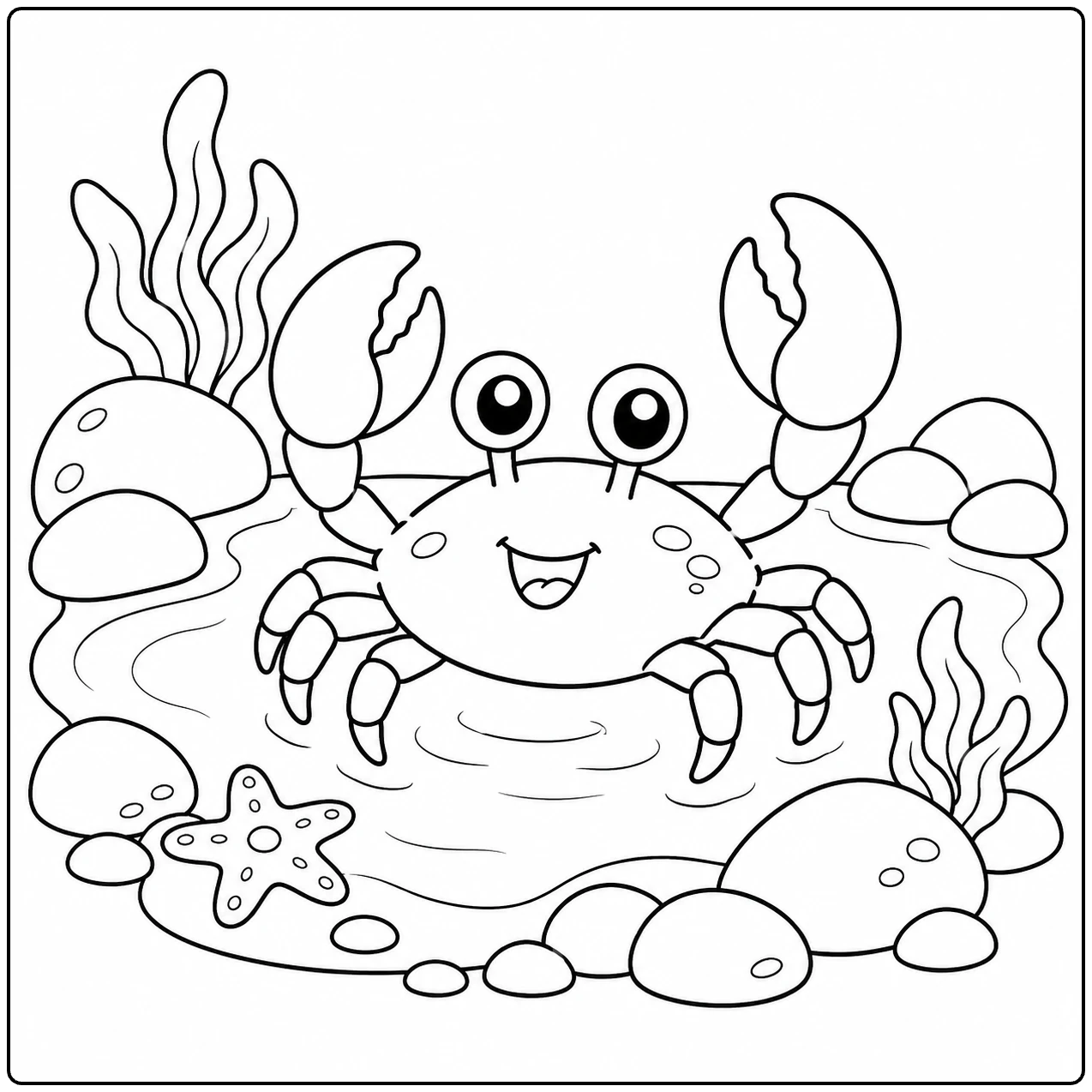 Vrolijke krab in een getijdenpoel, omringd door ronde rotsen, zeewier en een kleine zeester.
