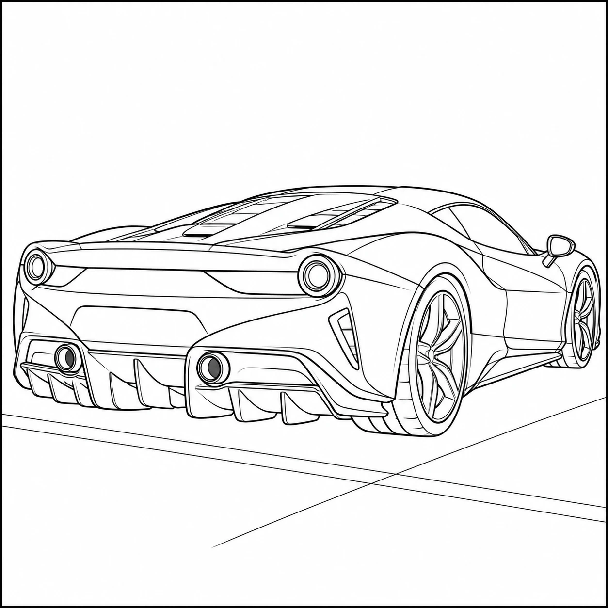 Achteraanzicht van een moderne supercar met brede banden en opvallende uitlaatdetails