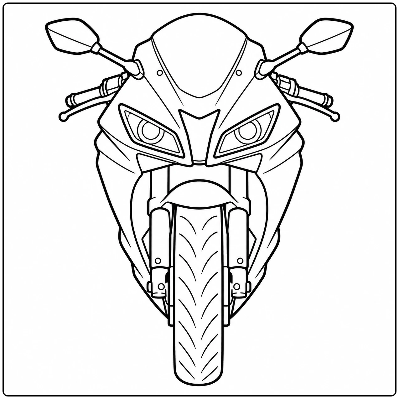 Symmetrische sportmotor van voren met brede spiegels en een opvallende voorband