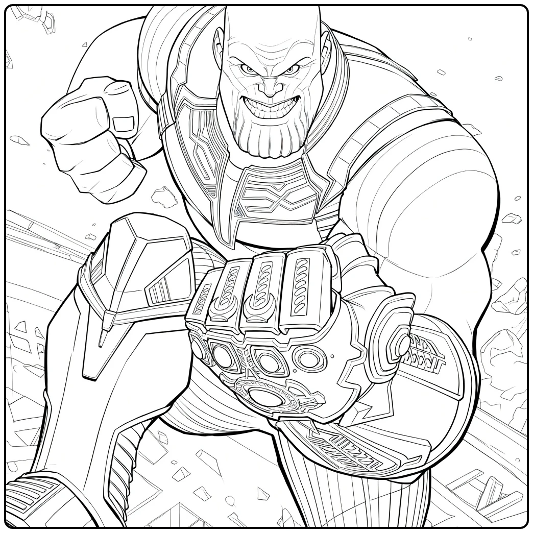 Thanos Kleurplaat met een bebaarde krijger en handschoen vol edelstenen
