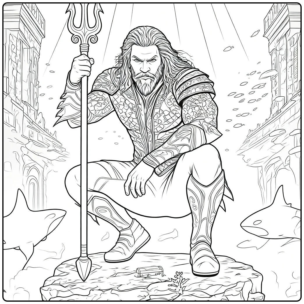 Aquaman Kleurplaat van een gespierde krijger met baard en drietand tussen haaien en oude ruïnes