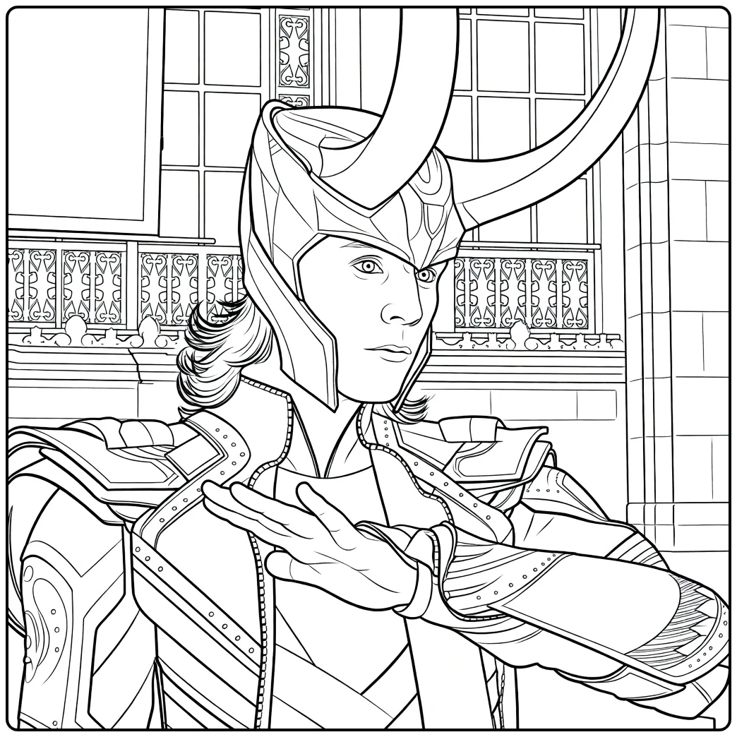 Loki Kleurplaat van een krijger met hoornen helm, golvend haar en metalen harnas met opgeheven hand