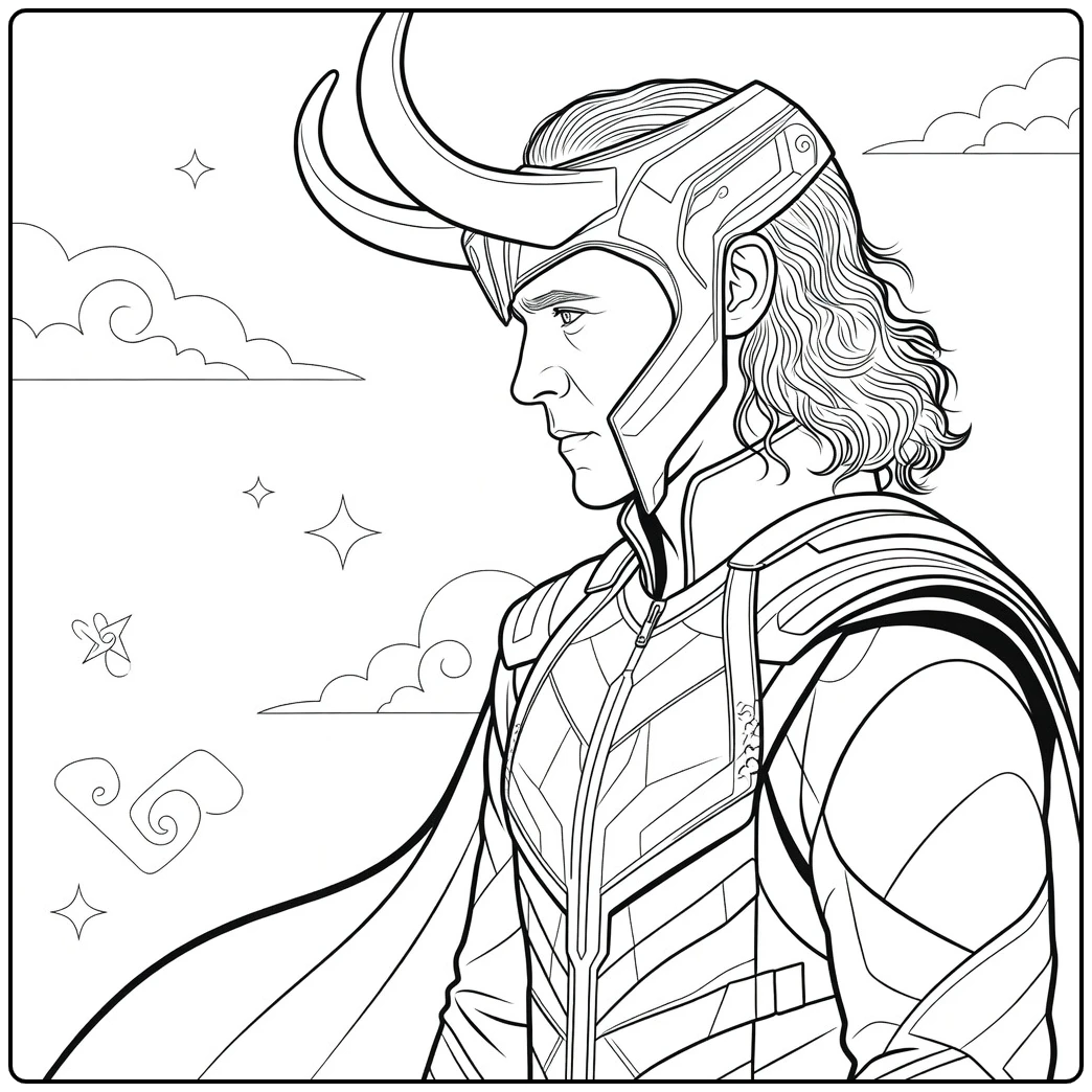 Loki Kleurplaat met een krijger met lang golvend haar en hoornen helm in zijprofiel