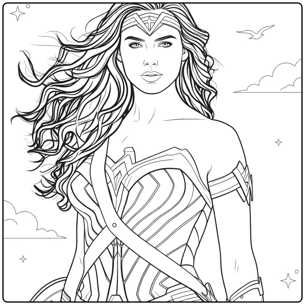 Vrouw met lang golvend haar en gepantserd harnas wonder woman kleurplaat