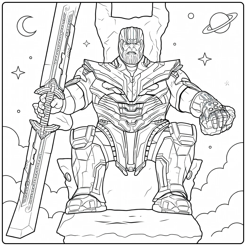 Thanos Kleurplaat van een krijger met zwaard gezeten op stenen troon