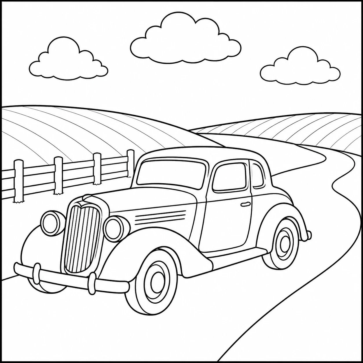 Klassieke wagen rijdt over een kronkelweg tussen hekken, heuvels en wolken.