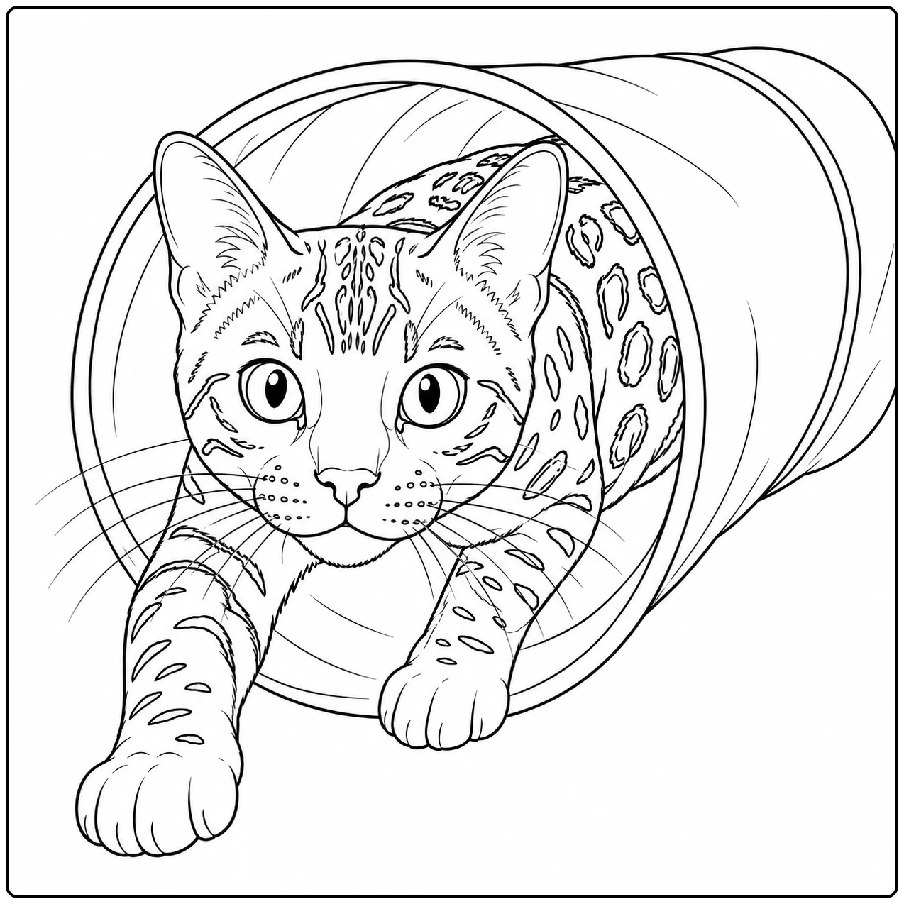 Kitten kruipt met uitgestrekte poten uit een speeltunnel in deze kleurplaat bengaal.
