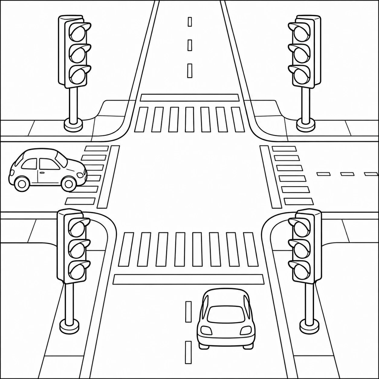 Kruispunt van bovenaf met vier verkeerslichten, zebrapaden en twee wachtende auto’s