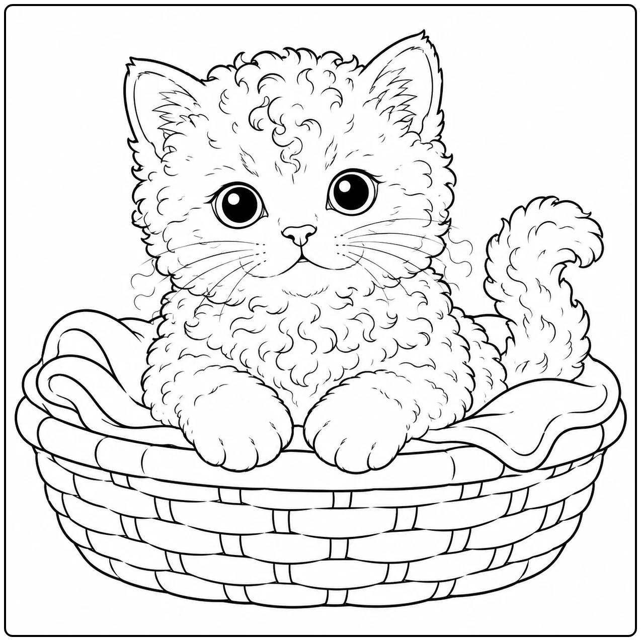 Jong katje met gekrulde vacht zit in een gevlochten mand, als kleurplaat selkirk rex.