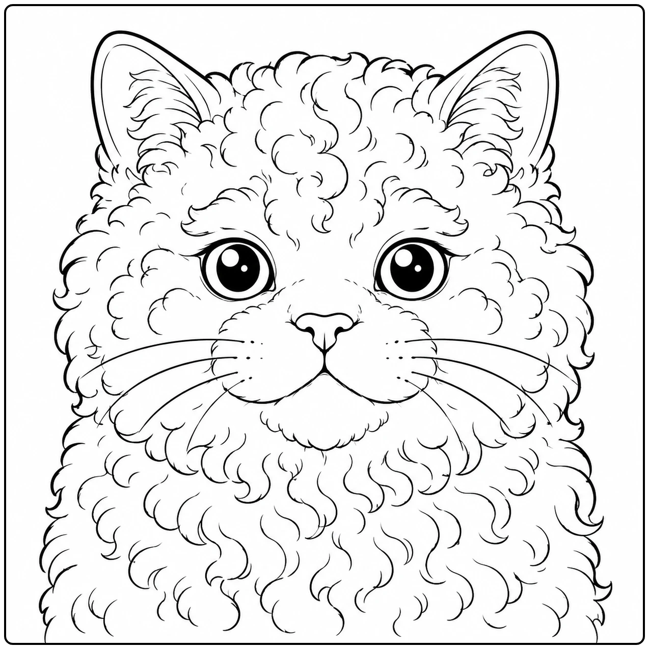 Close-up van een kleurplaat selkirk rex met grote ogen, ronde wangen en fijne snorharen.