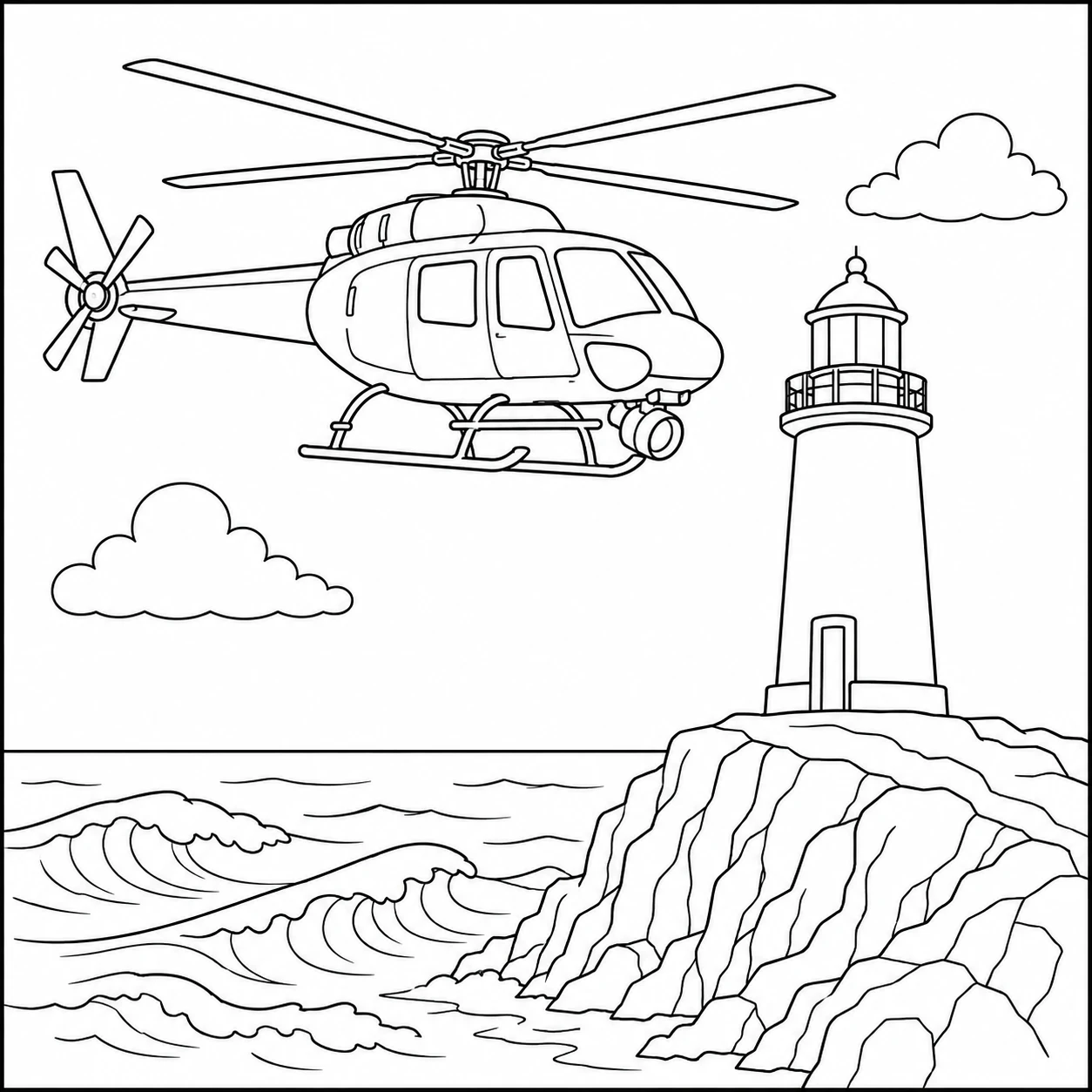 Boven een vuurtoren aan zee vliegt een kleurplaat politie helikopter langs hoge golven