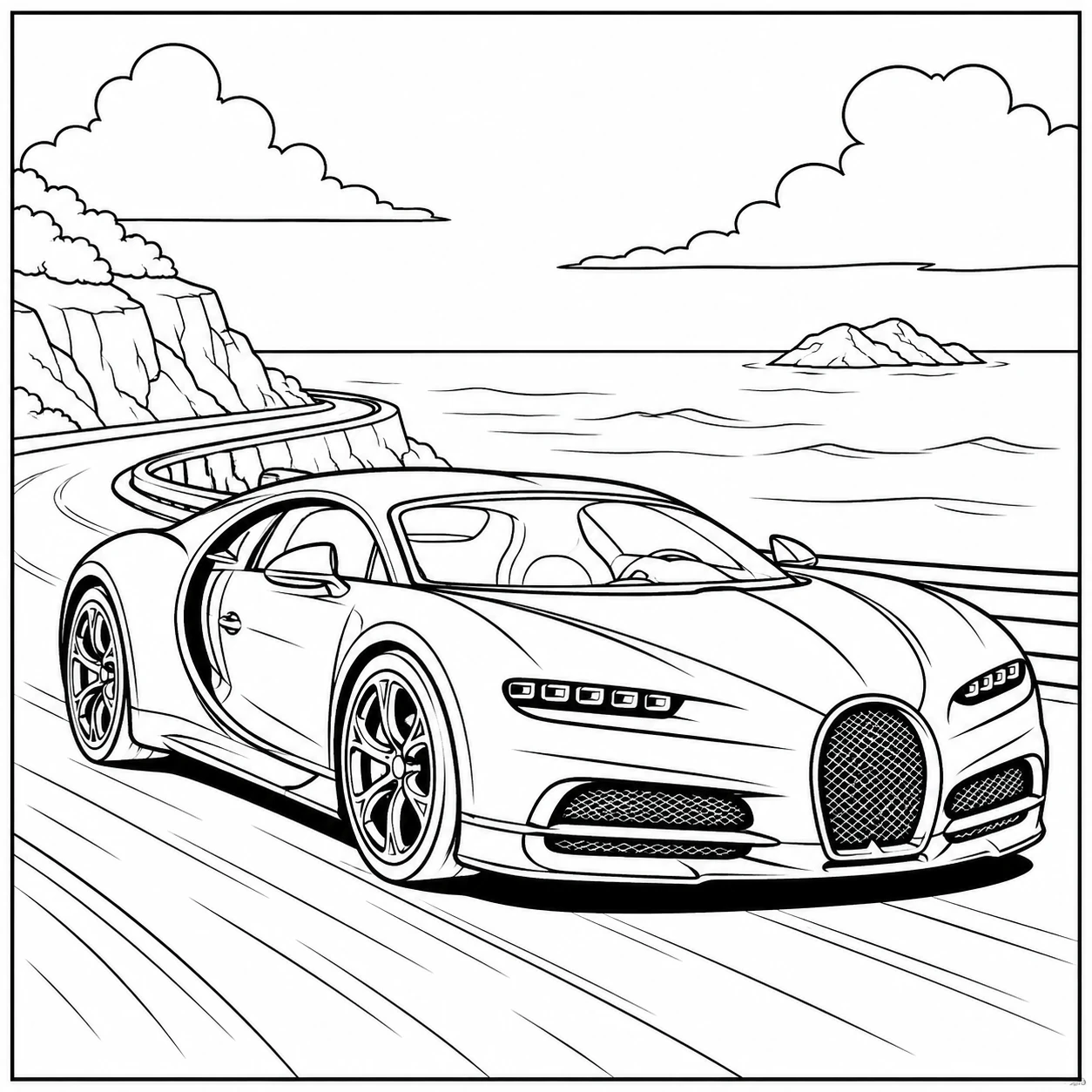 Een lage Bugatti rijdt langs de kustweg, met zee, rotsen en wolken op de achtergrond.