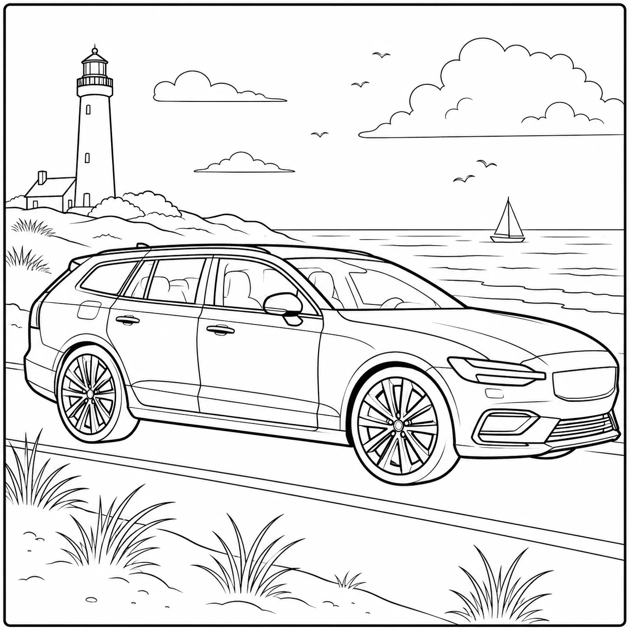 Stationwagen aan de kust met duinen, vuurtoren en een open landschap