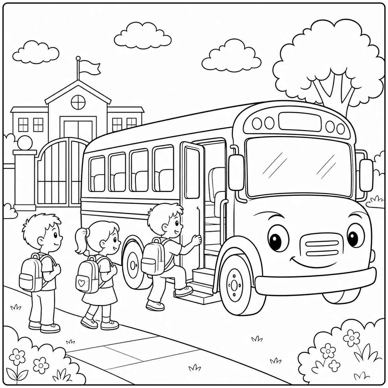 kleurplaat bus met een lachend busgezicht en schoolkinderen met rugzakken bij een schoolgebouw