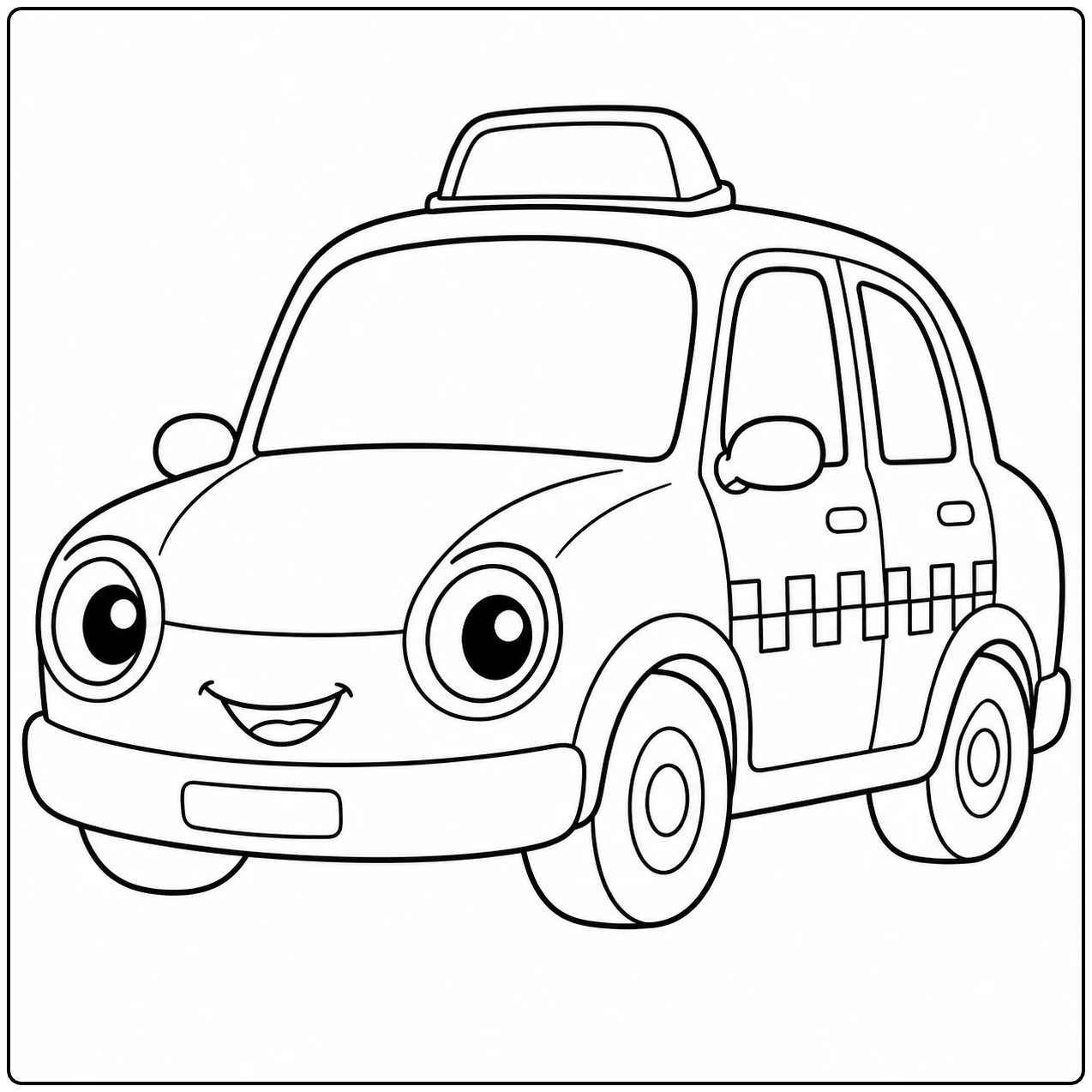 Schattige taxi kleurplaat met grote ogen, een lachende bumper en geblokte details op de zijkant
