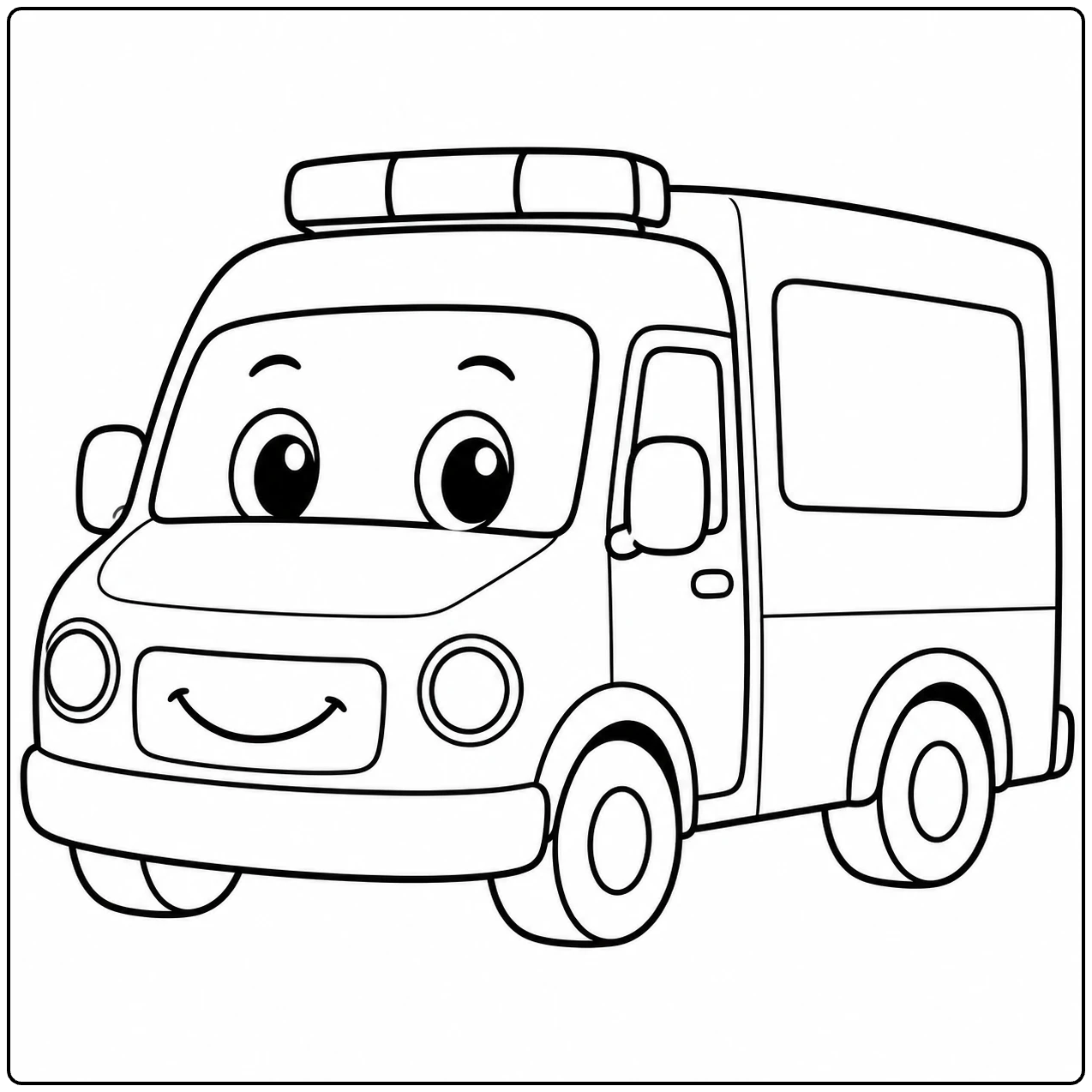 Kleurplaat ambulance met een lachend gezicht, ronde koplampen en stevige cartoonwielen