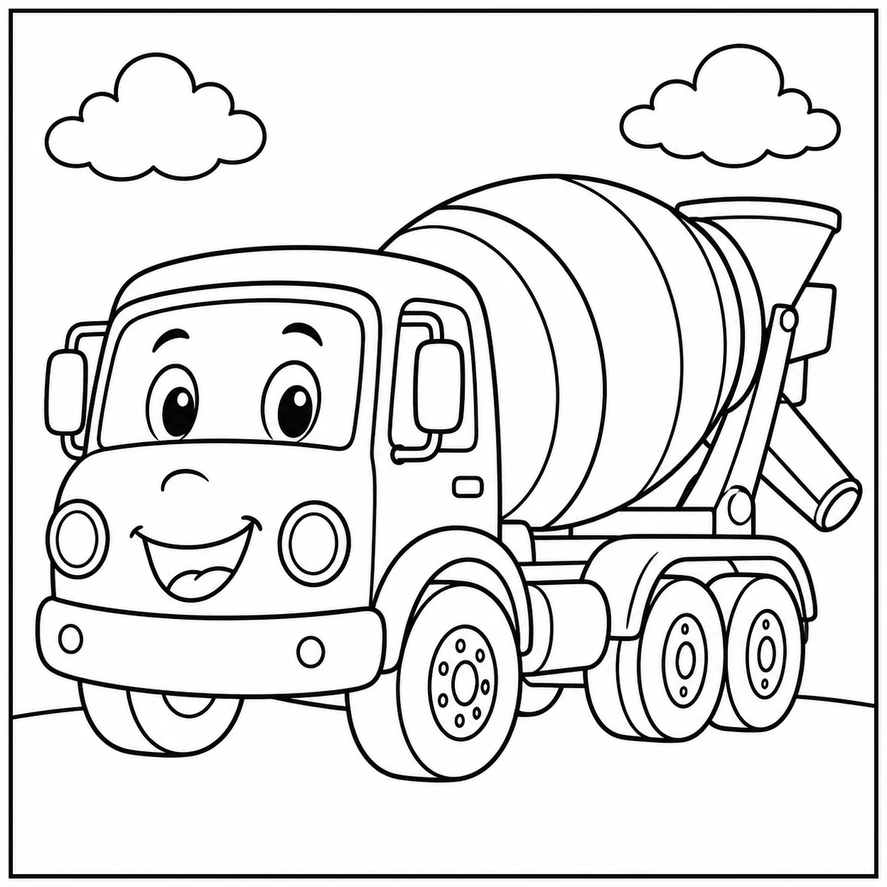 Lachende cartoonbetonwagen met vriendelijke ogen rijdt onder twee kleine wolken.