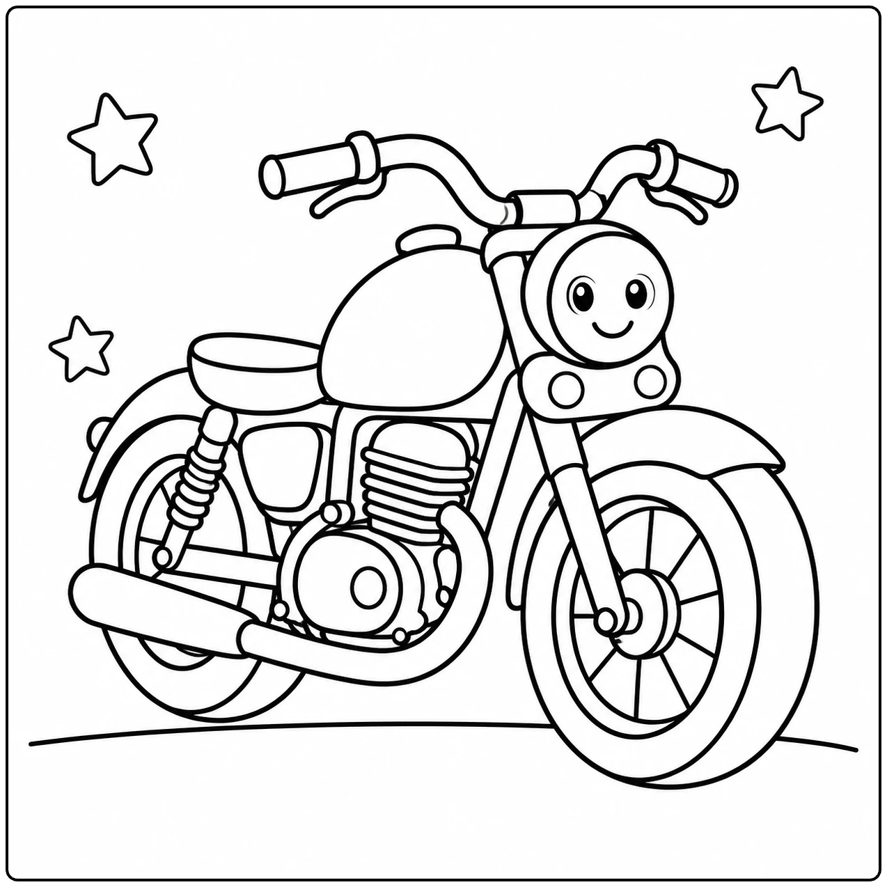 Motorfiets met een lachend gezicht in de koplamp en kleine sterren rondom