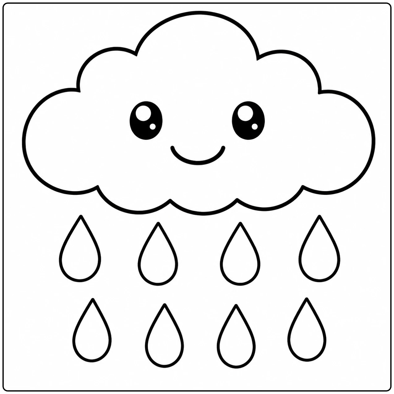 Lachende regenwolk met grote druppels in een eenvoudige kleurplaat voor jonge kinderen