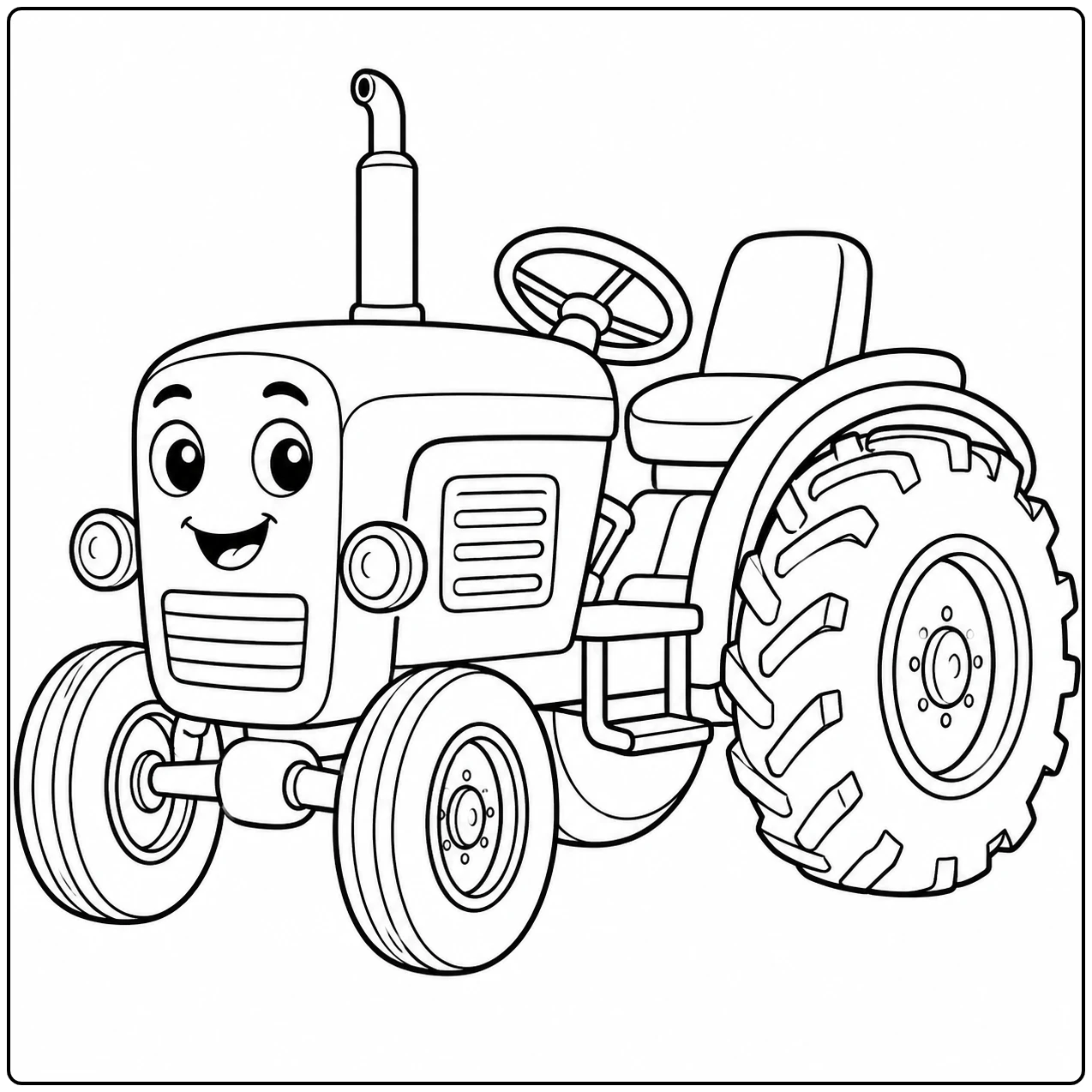Lachende tractor met vriendelijk gezicht, grote profielbanden en schuin zicht op stuur en stoel