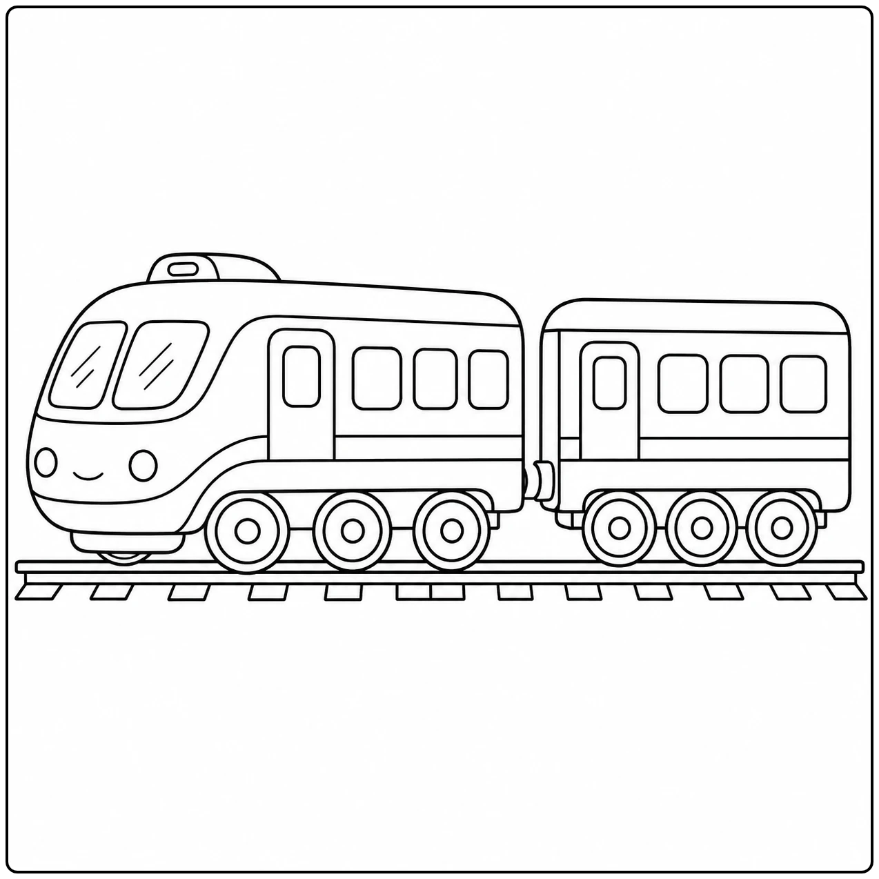 Lachende kleine trein met een gekoppelde passagierswagon op rechte spoorrails