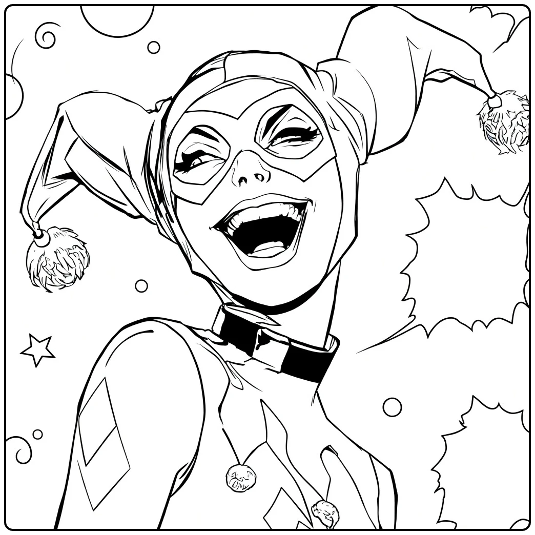 Harley Quinn Kleurplaat van een lachende vrouw met domino masker en narrenmuts