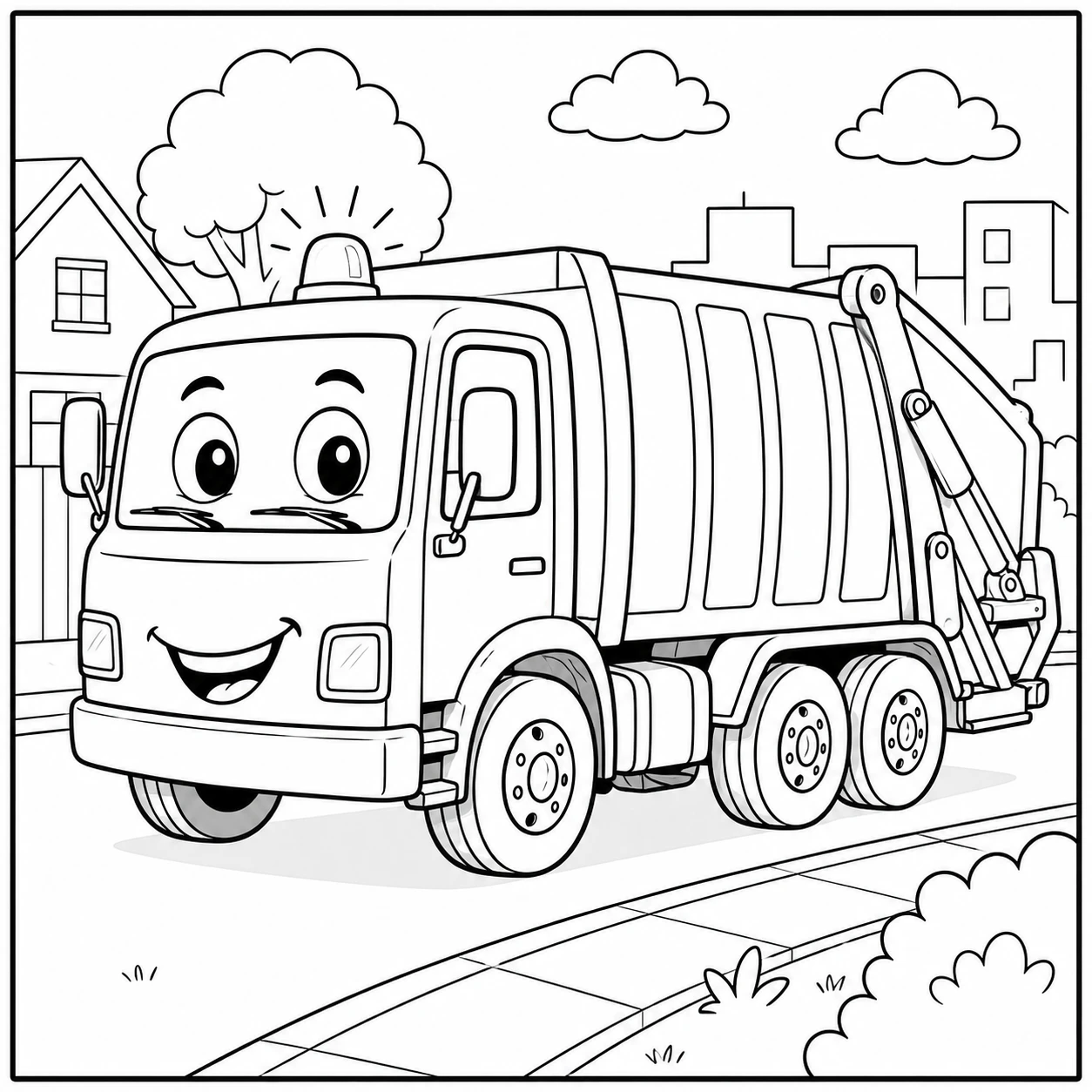 Kleurplaat vuilniswagen met lachend gezicht, straatbeeld en een eenvoudige achtergrond voor kinderen