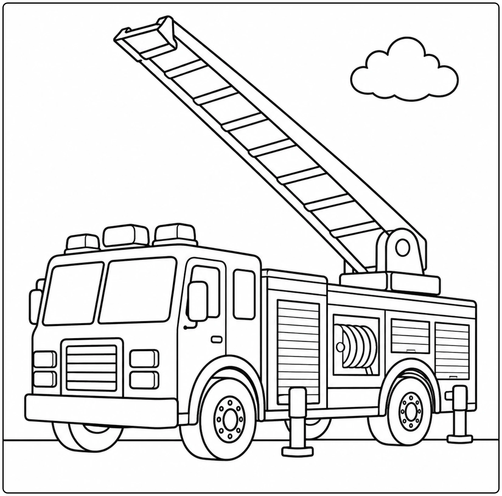 Ladderwagen met schuin uitgeschoven ladder, steunpoten en een kleine wolk boven de cabine