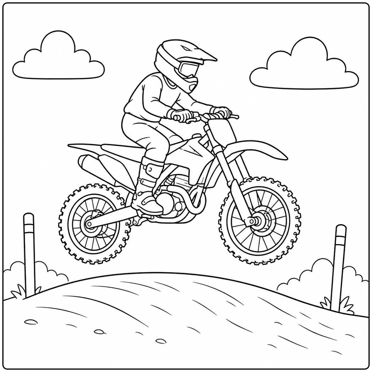 Motorcrosser maakt een lage sprong boven een ronde zandheuvel tussen twee baanmarkeringen