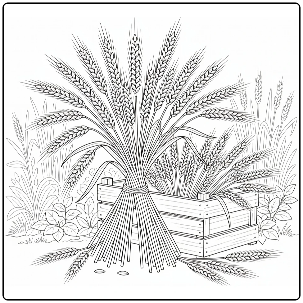 Landbouwgewassen Kleurplaat met gerstschoven in cottagetuin