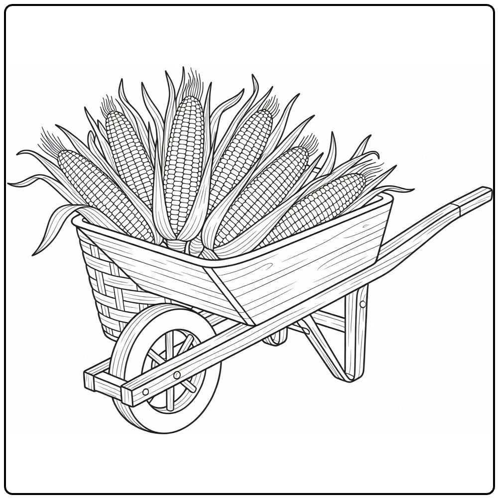 Landbouwgewassen Kleurplaat met maïsaren in mand en kruiwagen