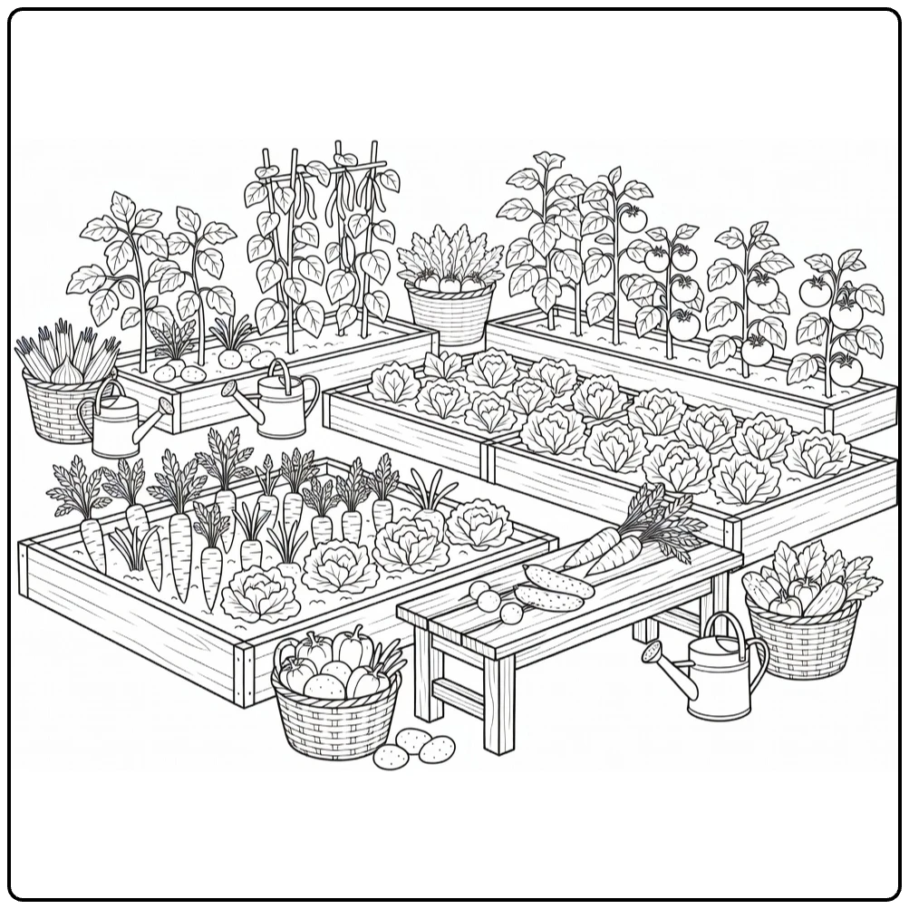 Landbouwgewassen Kleurplaat van gezellige moestuin met groentebedden