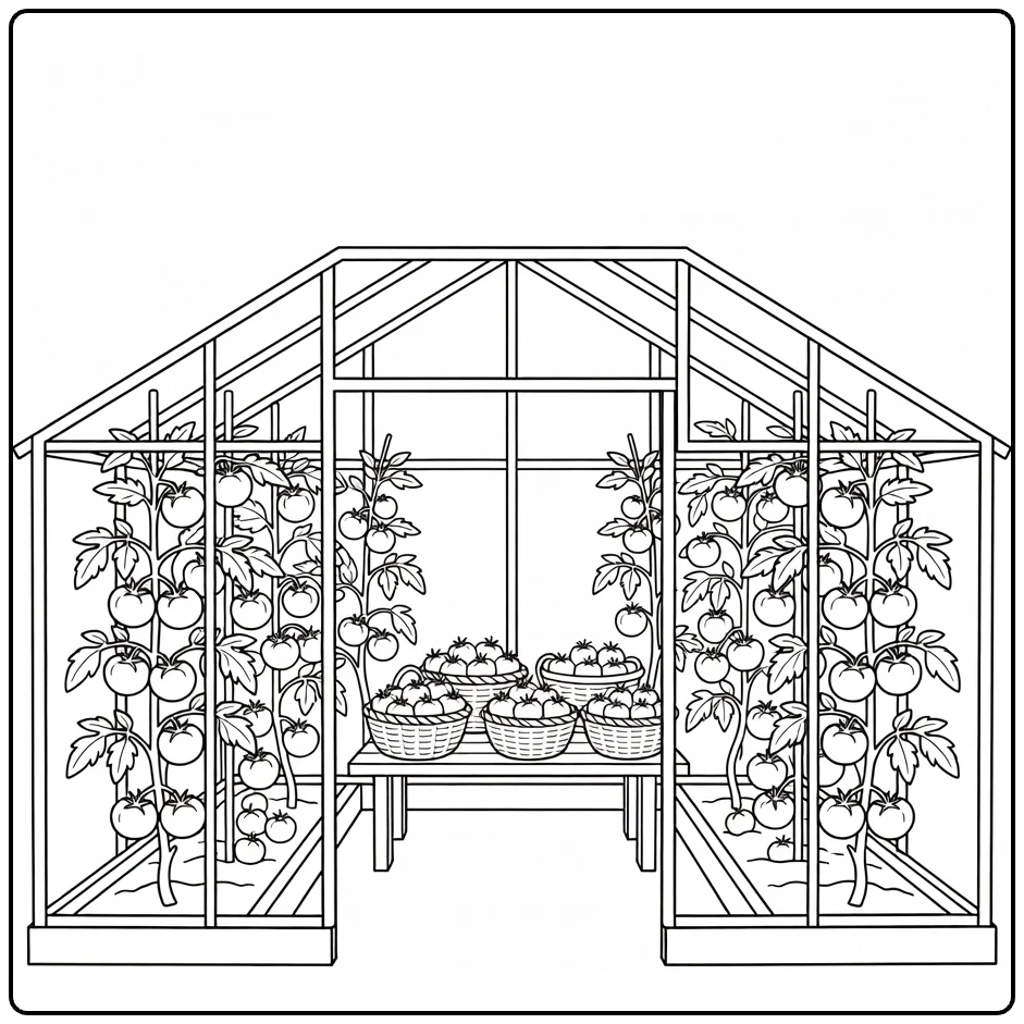 Landbouwgewassen Kleurplaat tomaten in kas met manden