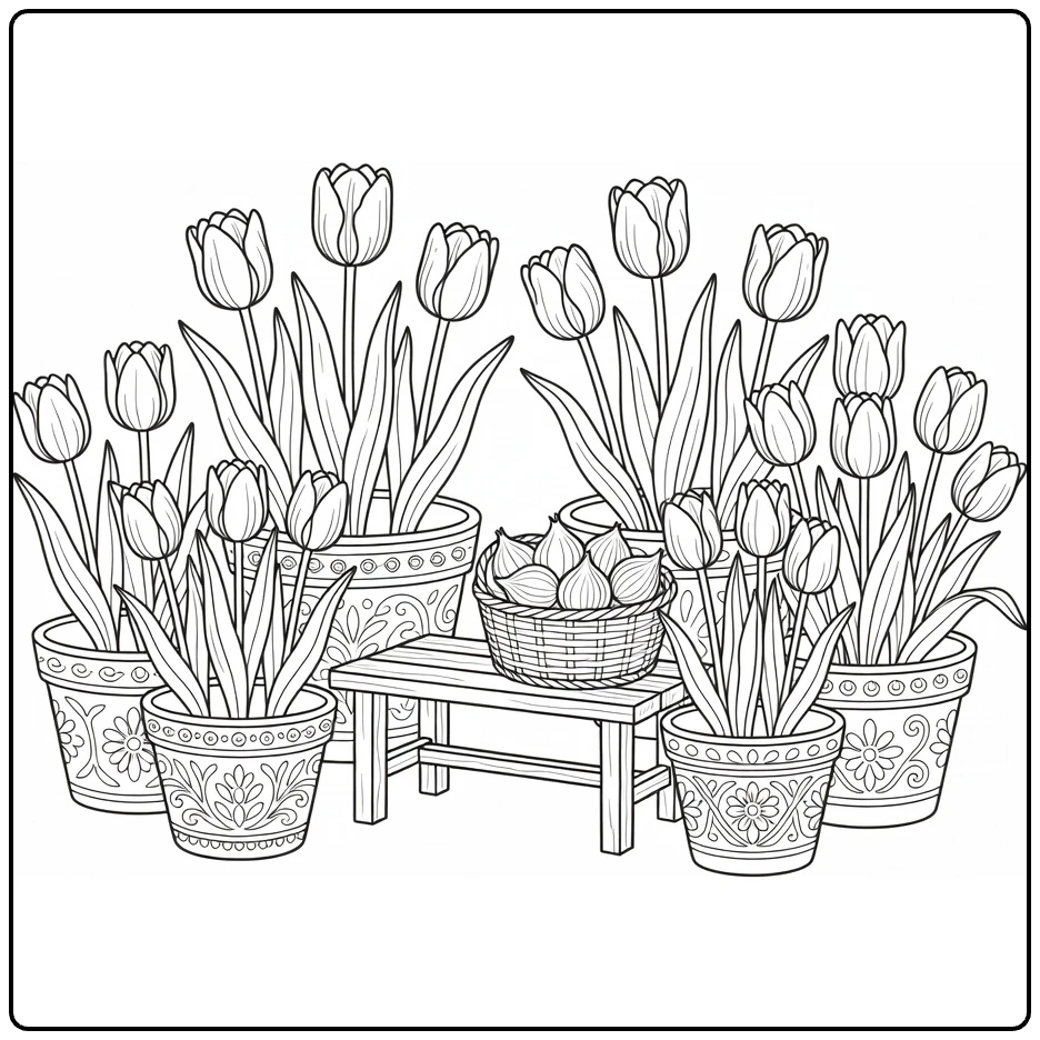 Landbouwgewassen Kleurplaat met bloeiende tulpen in potten