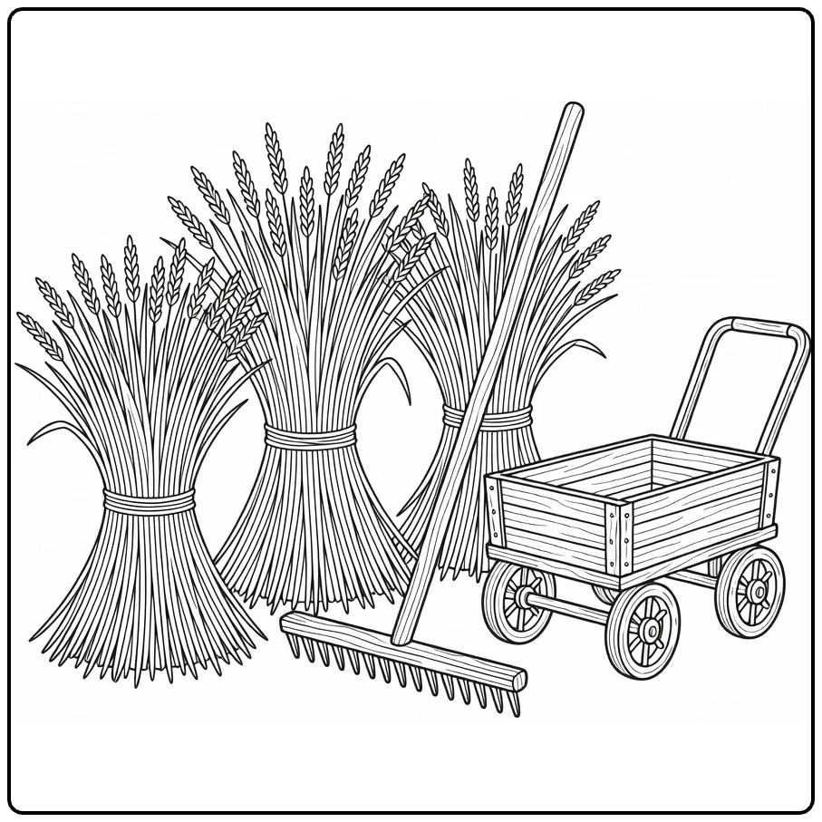 Landbouwgewassen Kleurplaat met grasbundels, hark en kar