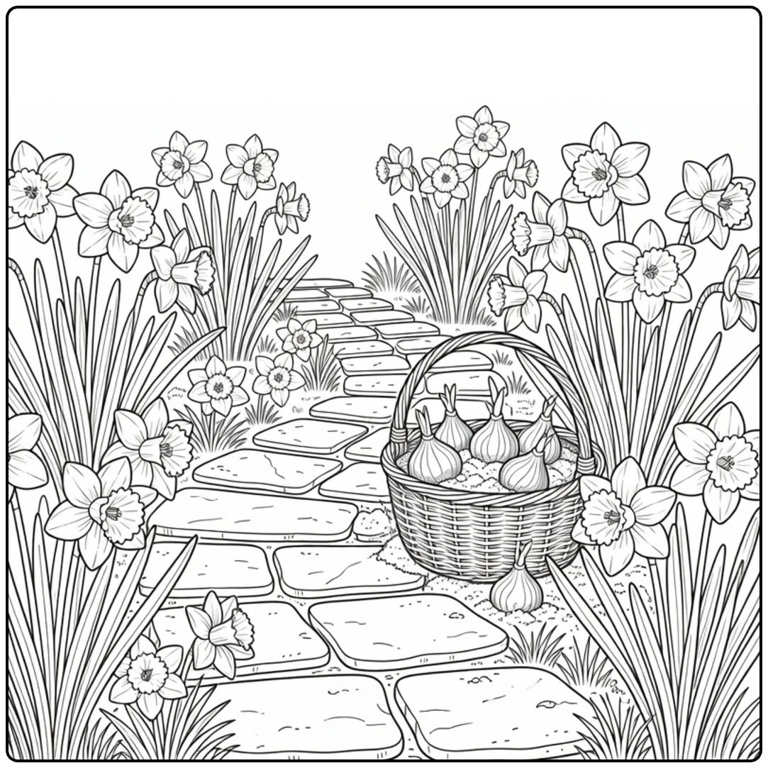 Landbouwgewassen Kleurplaat met narcissen bij stenen pad