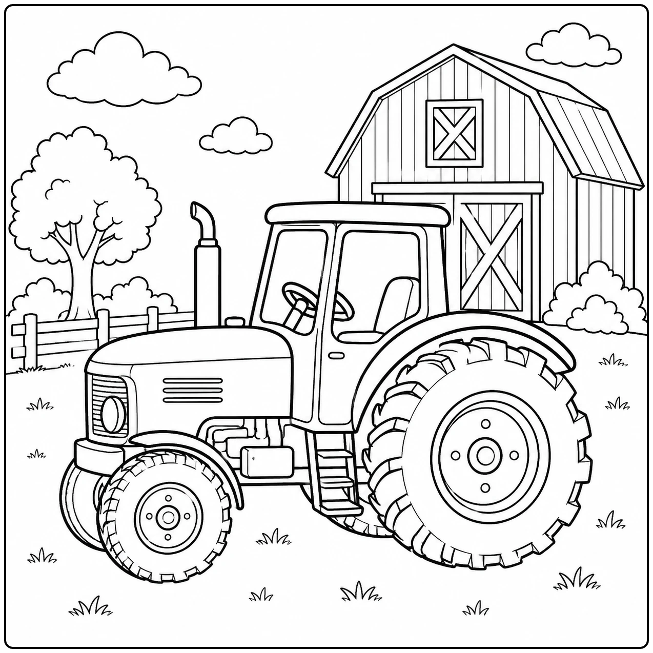 Stevige landbouwtractor voor een hoge houten schuur met dubbele deuren en een boom ernaast
