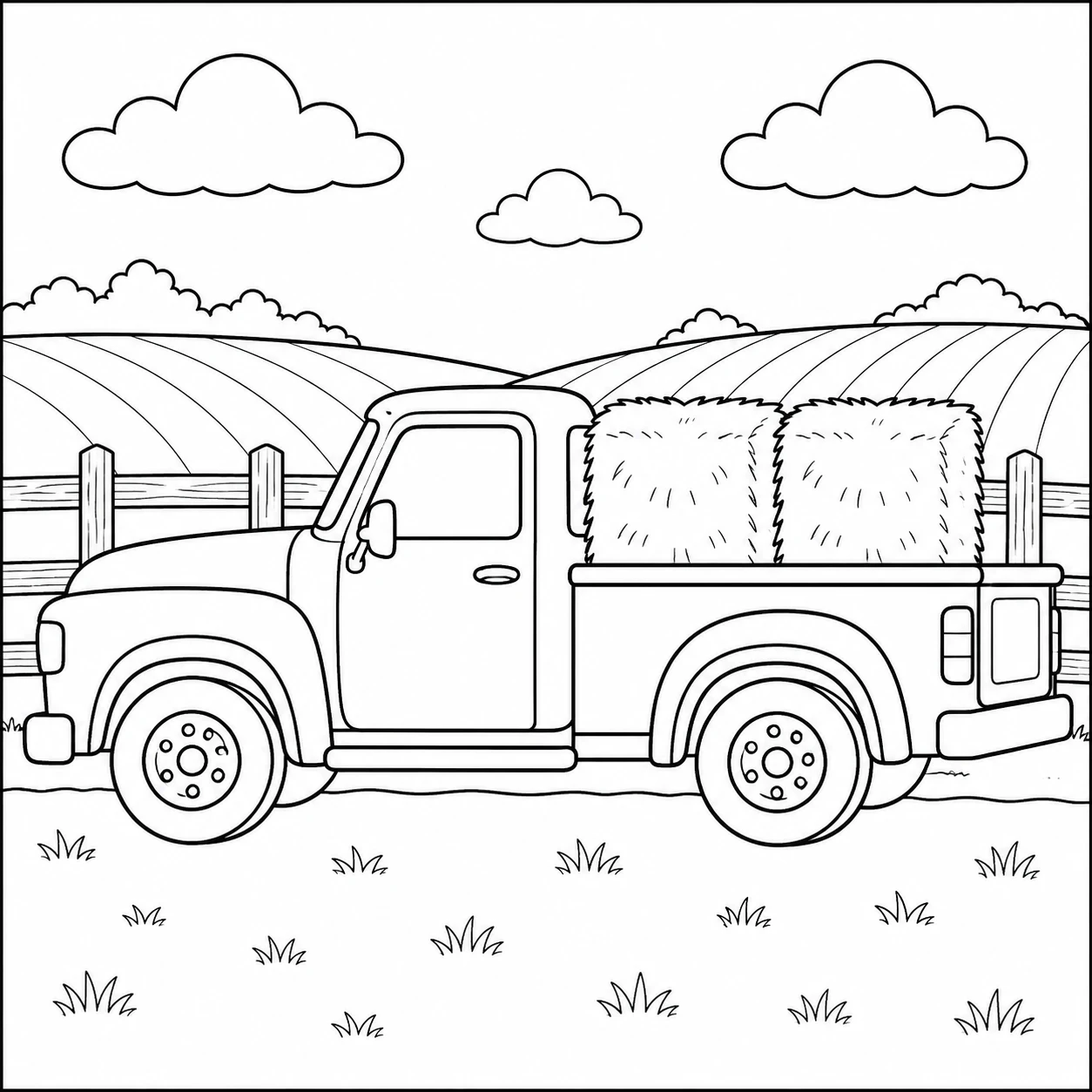 Klassieke pick-uptruck met twee hooibalen in de laadbak, omringd door heuvels en wolken.