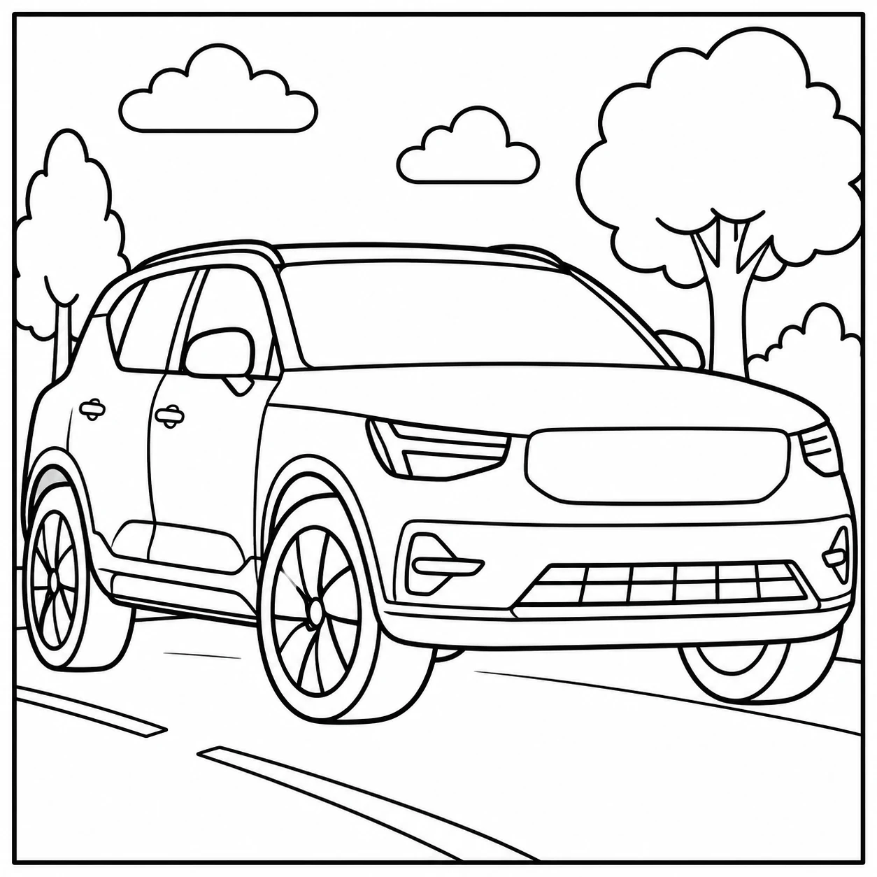 Kleurplaat auto volvo met een moderne SUV op een eenvoudige landelijke weg
