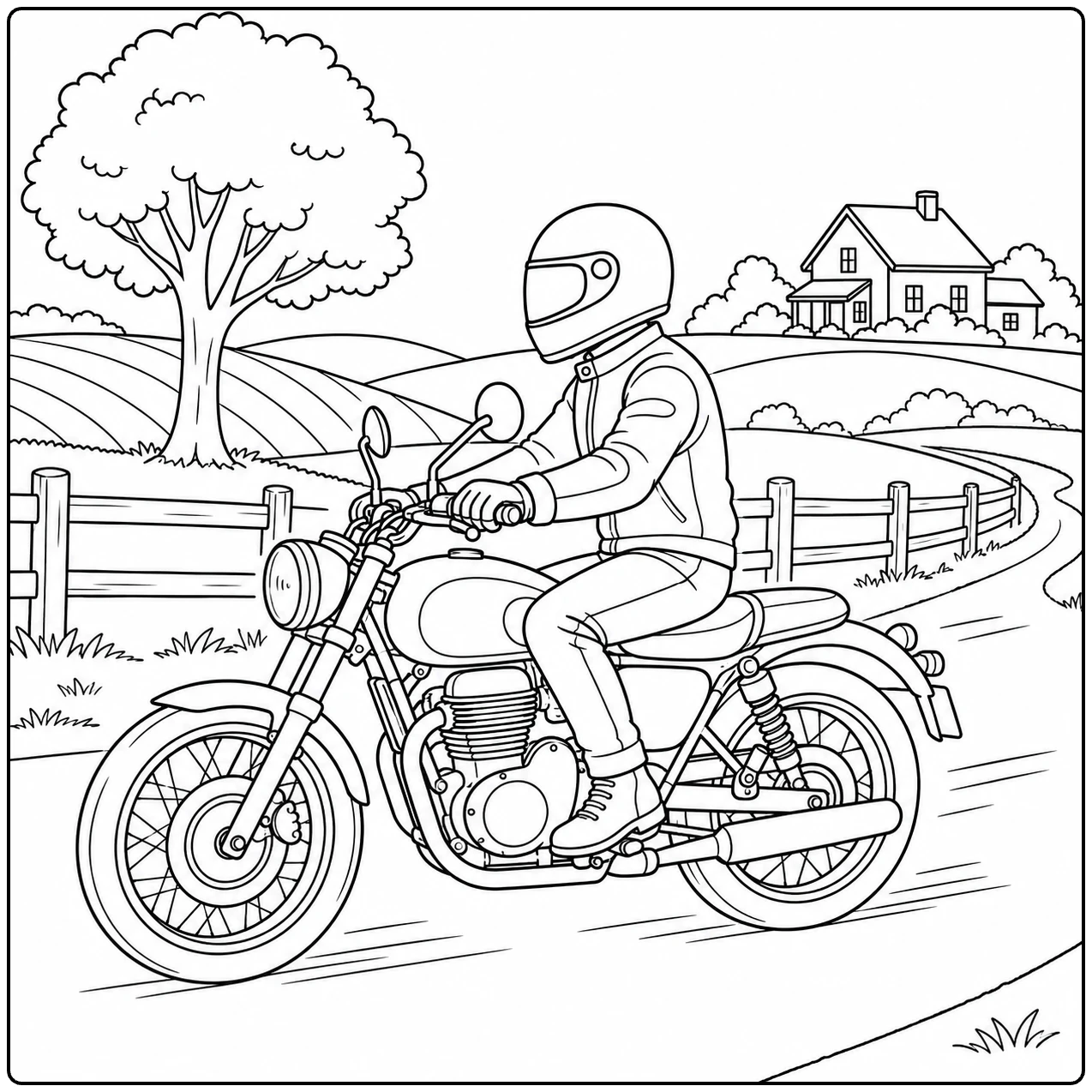 Motorrijder rijdt op een klassieke motor over een landelijke weg met hekwerk en boerderijen