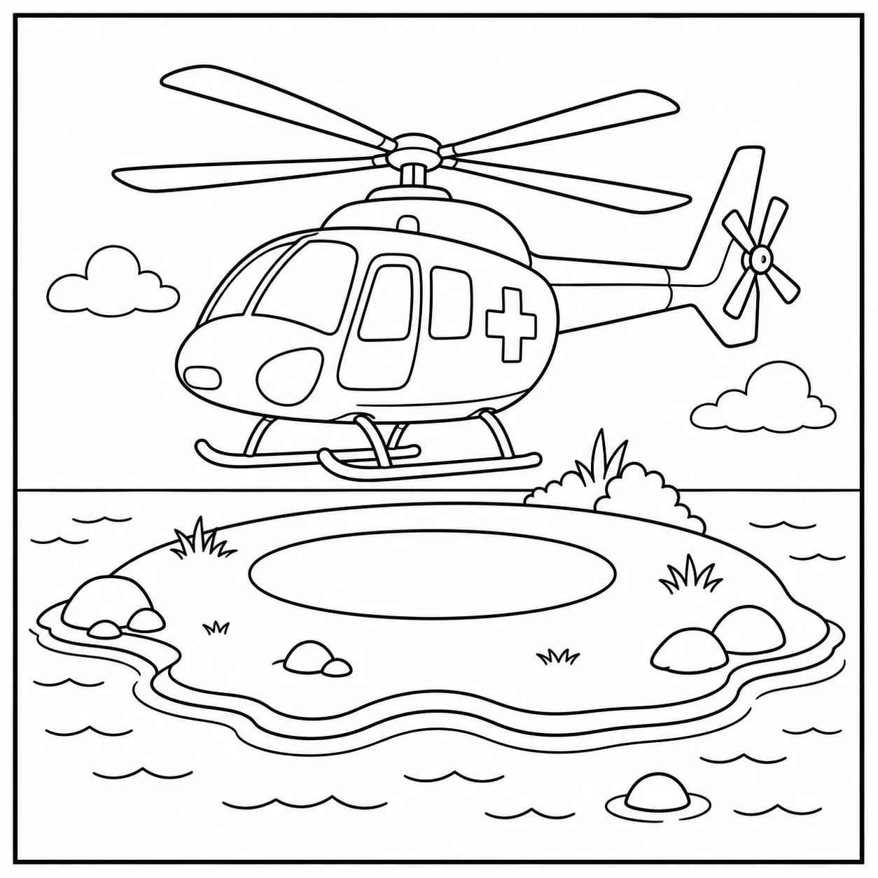 Een ambulancehelikopter nadert een kleine eilandlandingsplaats die volledig door water is omringd