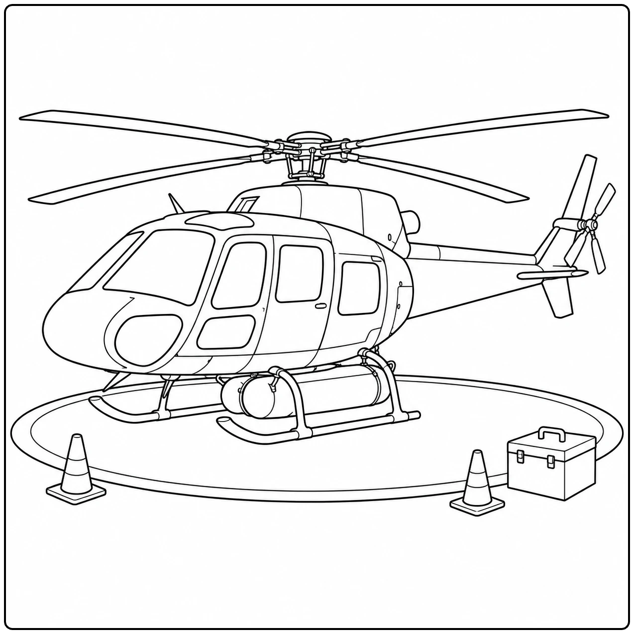 Helikopter op een landingsplaats met pylonen en een kleine uitrustingskist ernaast