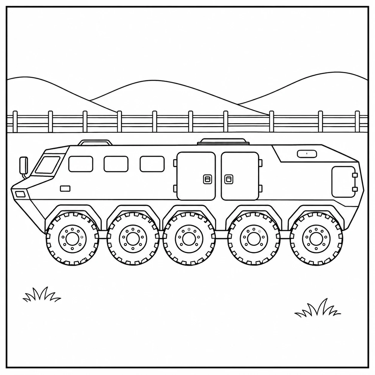 Lang pantservoertuig met vijf zichtbare wielen voor kleurplaat militaire voertuigen.