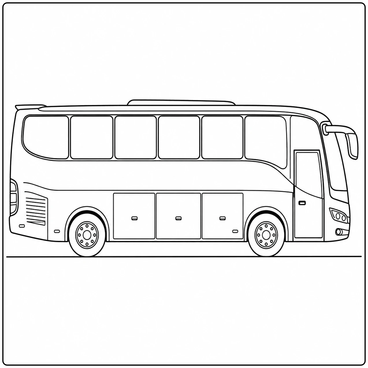 Lange touringcar in zijaanzicht met brede ramen, bagageruimtes en een gestroomlijnde voorkant