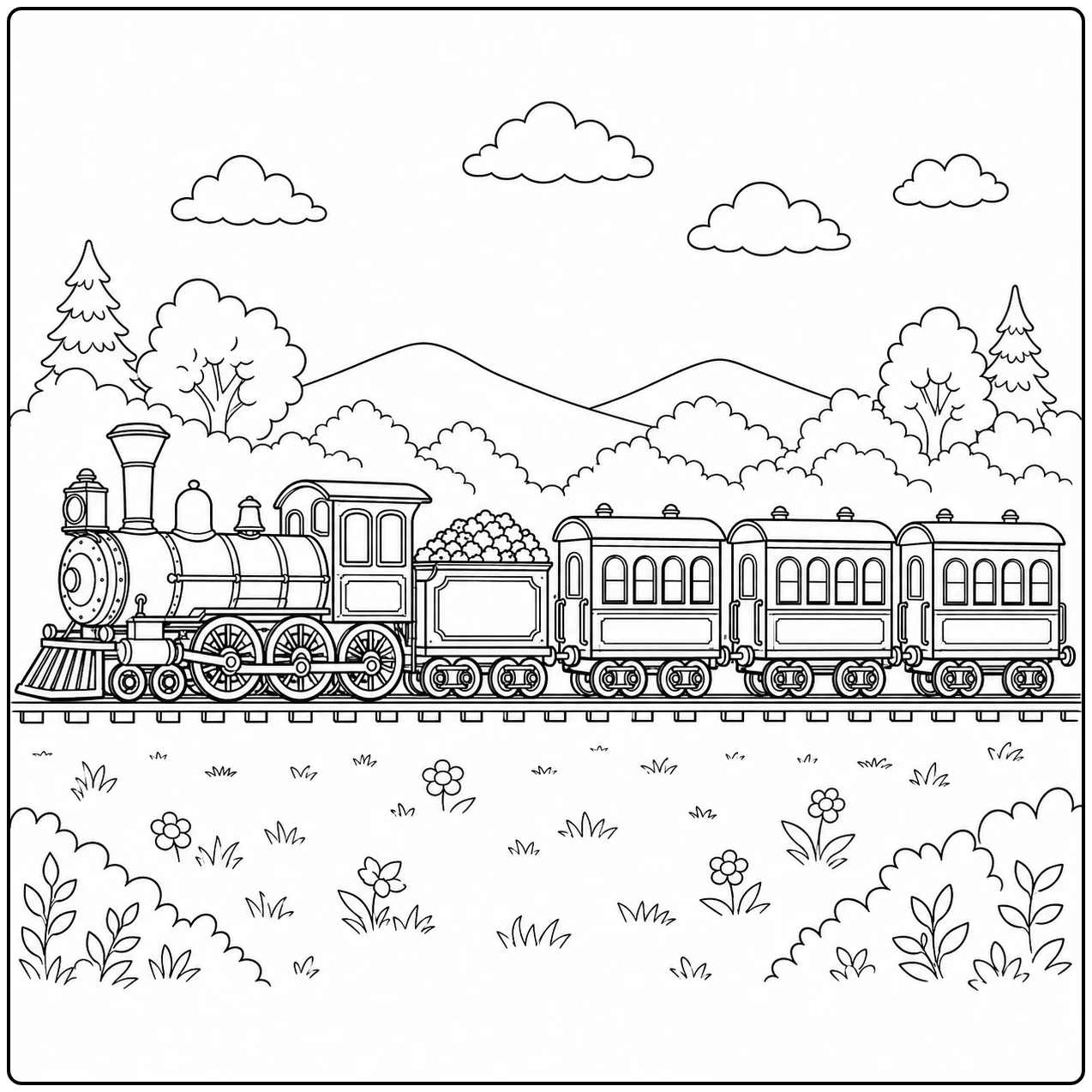 Lange trein rijdt door een bloemenveld met heuvels en bomen, passend bij een Stoomtrein Kleurplaat