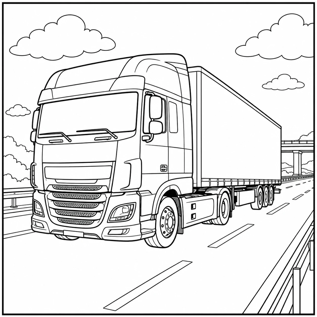 Een kleurplaat vrachtwagen mercedes met gesloten oplegger rijdt over een brede snelweg.