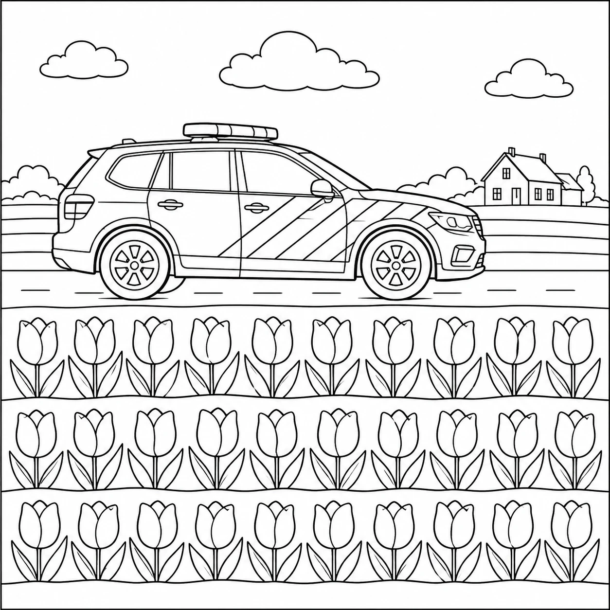 Zijaanzicht van een politieauto naast brede tulpenrijen en een kleine boerderij, als kleurplaat politieauto.