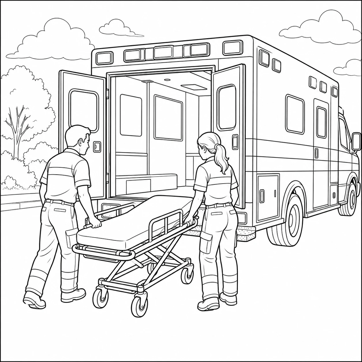 Twee ambulancemedewerkers rollen een lege brancard naar de geopende achterdeuren van het voertuig