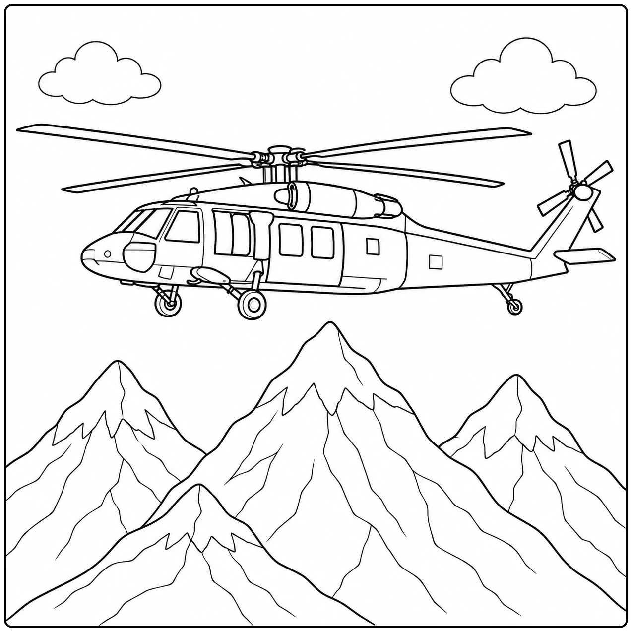 Militaire helikopter vliegt boven scherpe bergtoppen met wolken aan de horizon